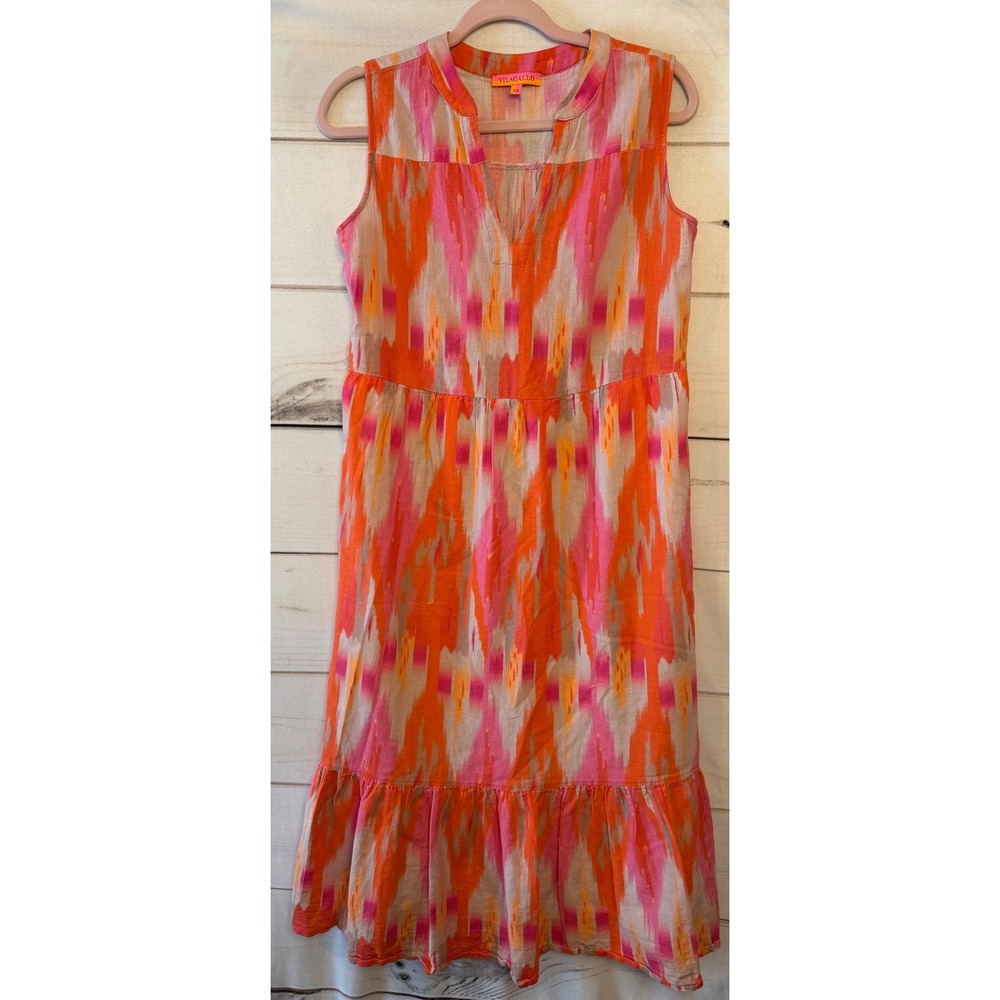 Vilagallo Orange Pink Patterned Sleeveless Midi Dress